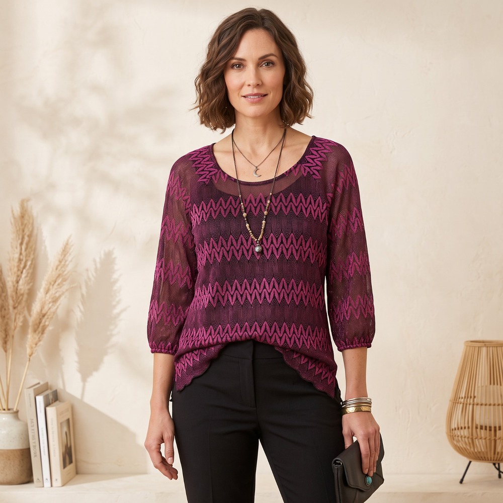 New Directions Witchy Zigzag Metallic Knit Top Y2K Grunge Chevron Mesh Petite PL